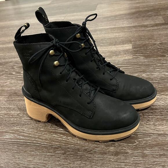 NEVER WORN Sorel Hi-Line Heel Lace Boots Black 7.5 Lug Sole Platform Chunky Heel - Picture 5 of 16